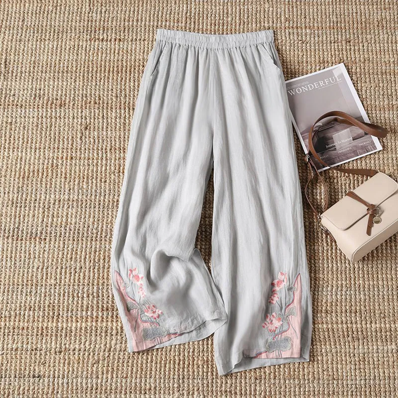 【100% Cotton】Floral Embroidered Casual Trousers