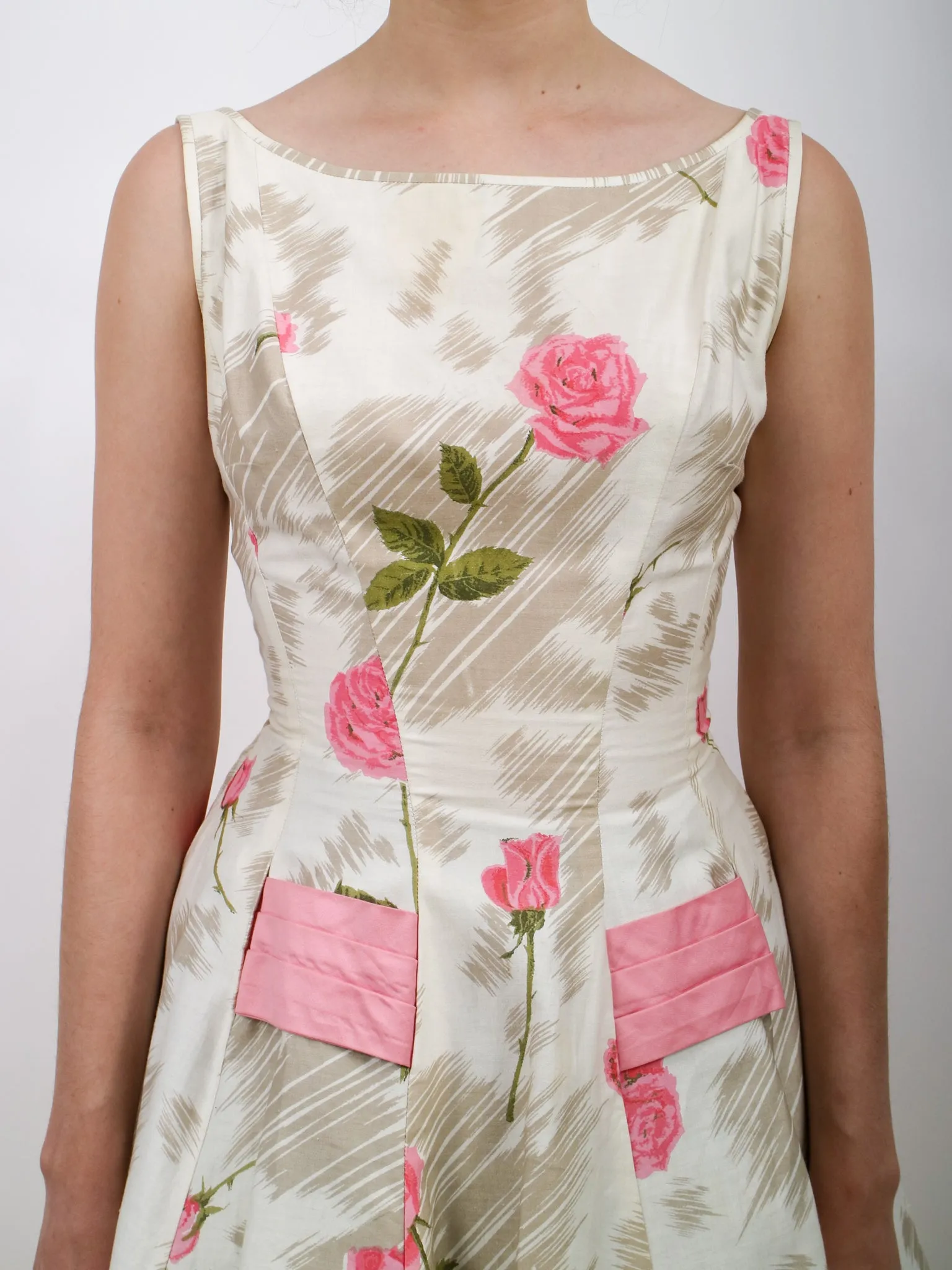 1950s Pink Rose Print Floral Cotton Party Dress With Huge Bow