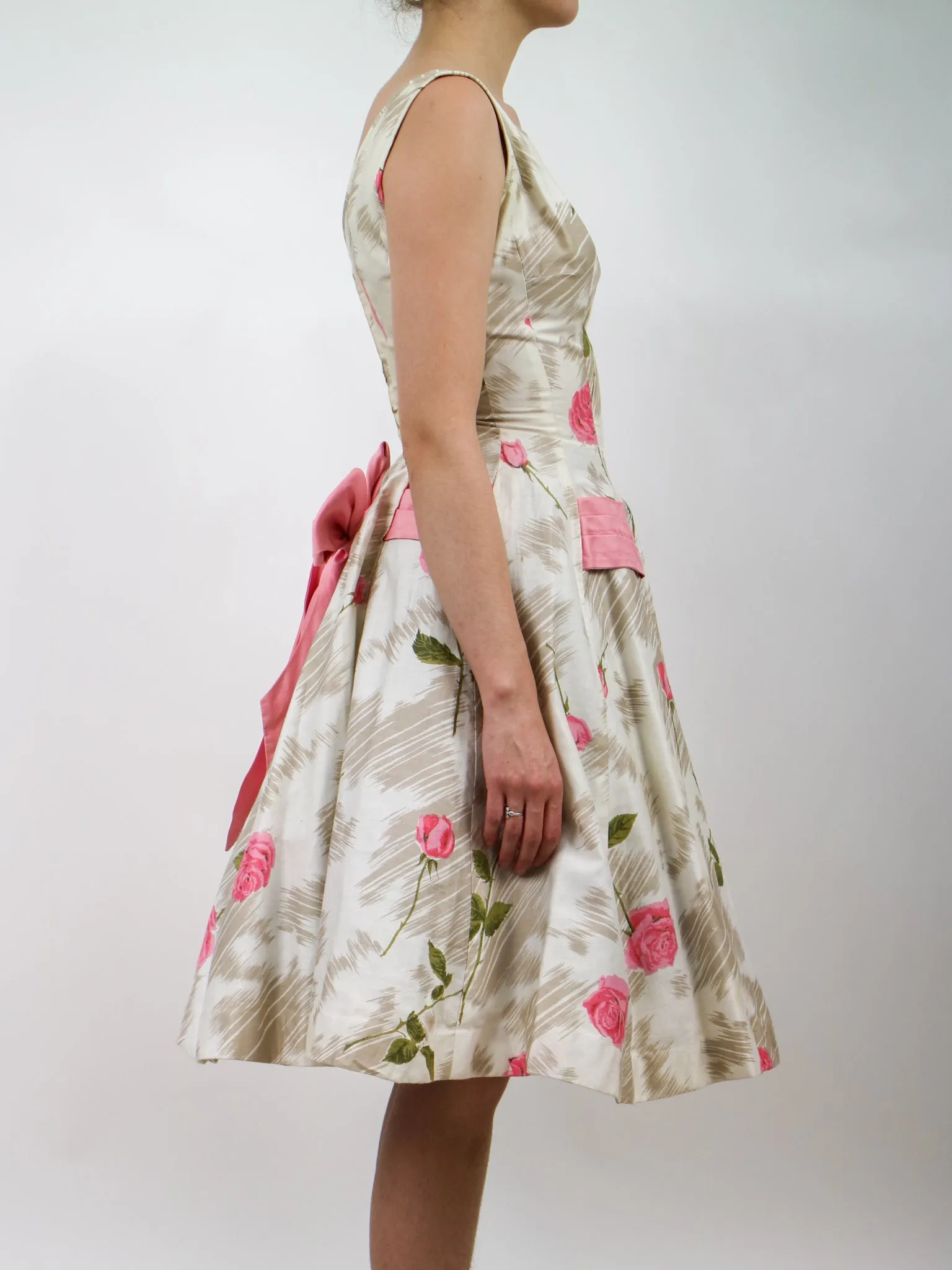 1950s Pink Rose Print Floral Cotton Party Dress With Huge Bow
