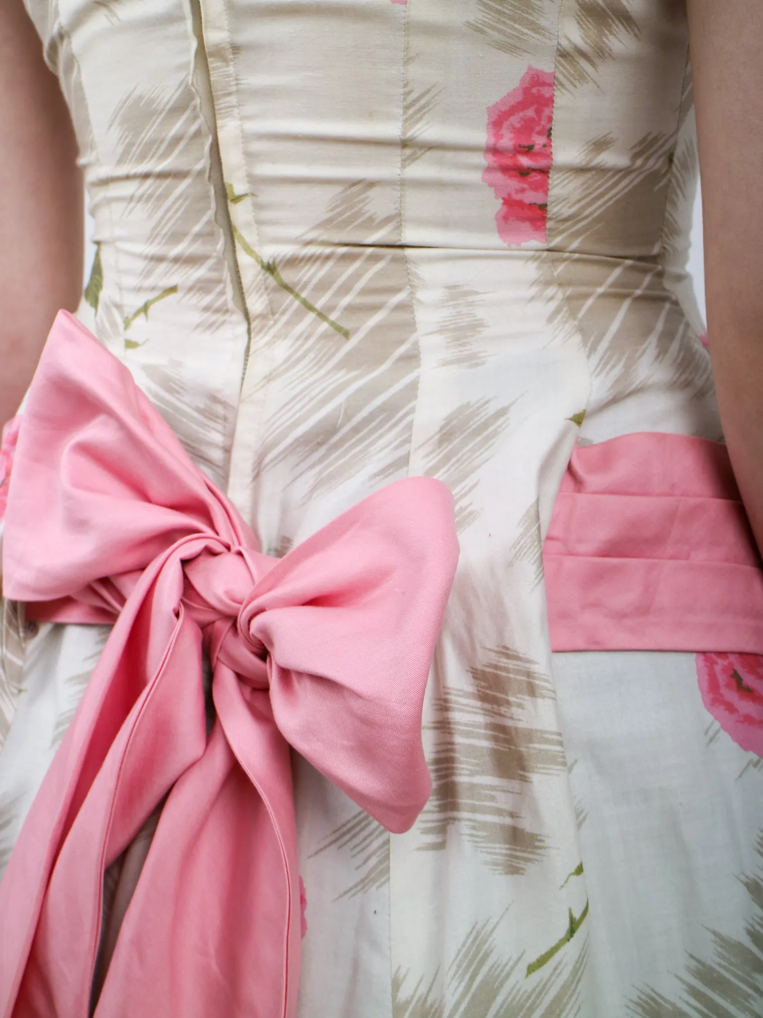 1950s Pink Rose Print Floral Cotton Party Dress With Huge Bow