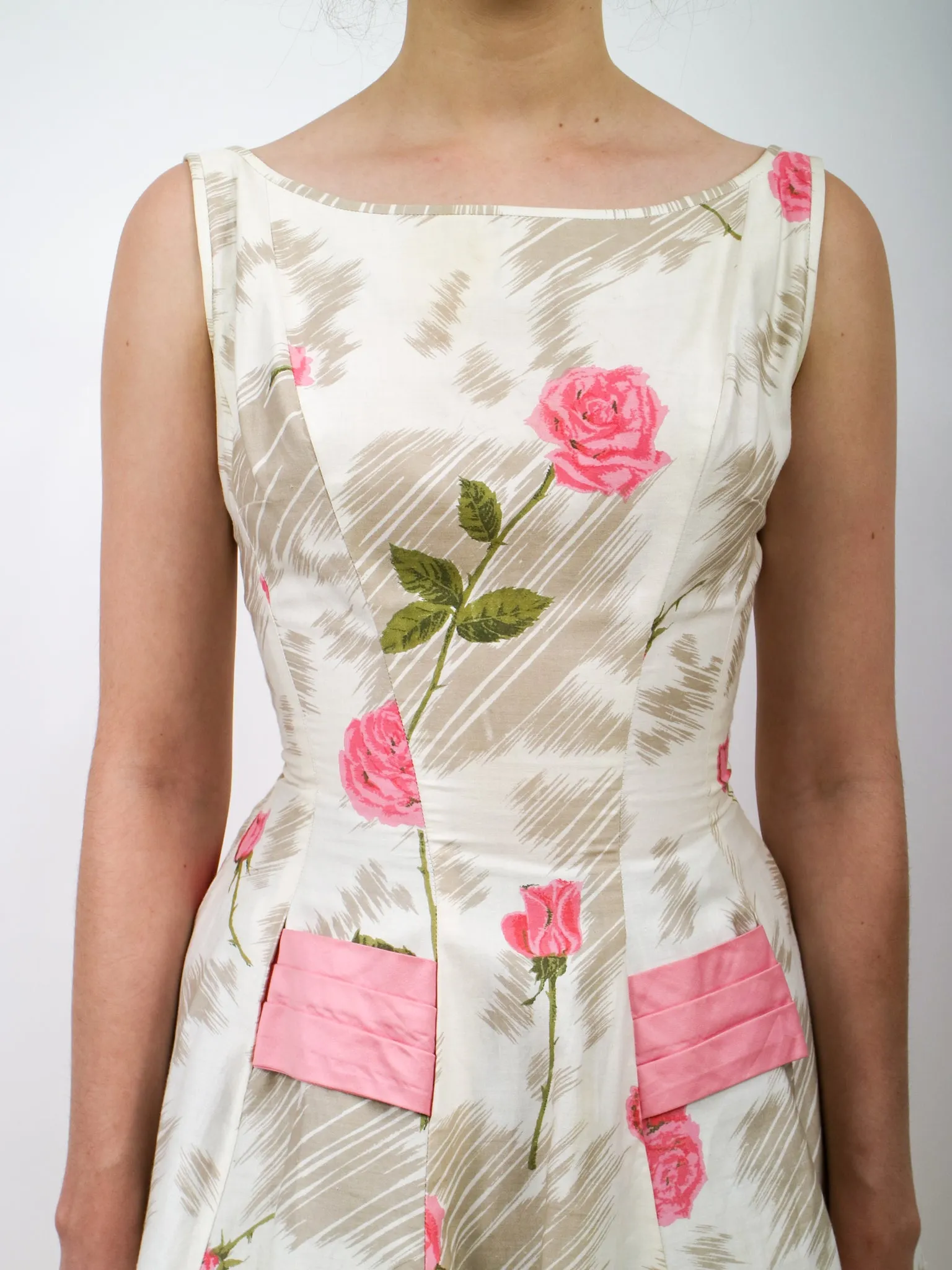 1950s Pink Rose Print Floral Cotton Party Dress With Huge Bow