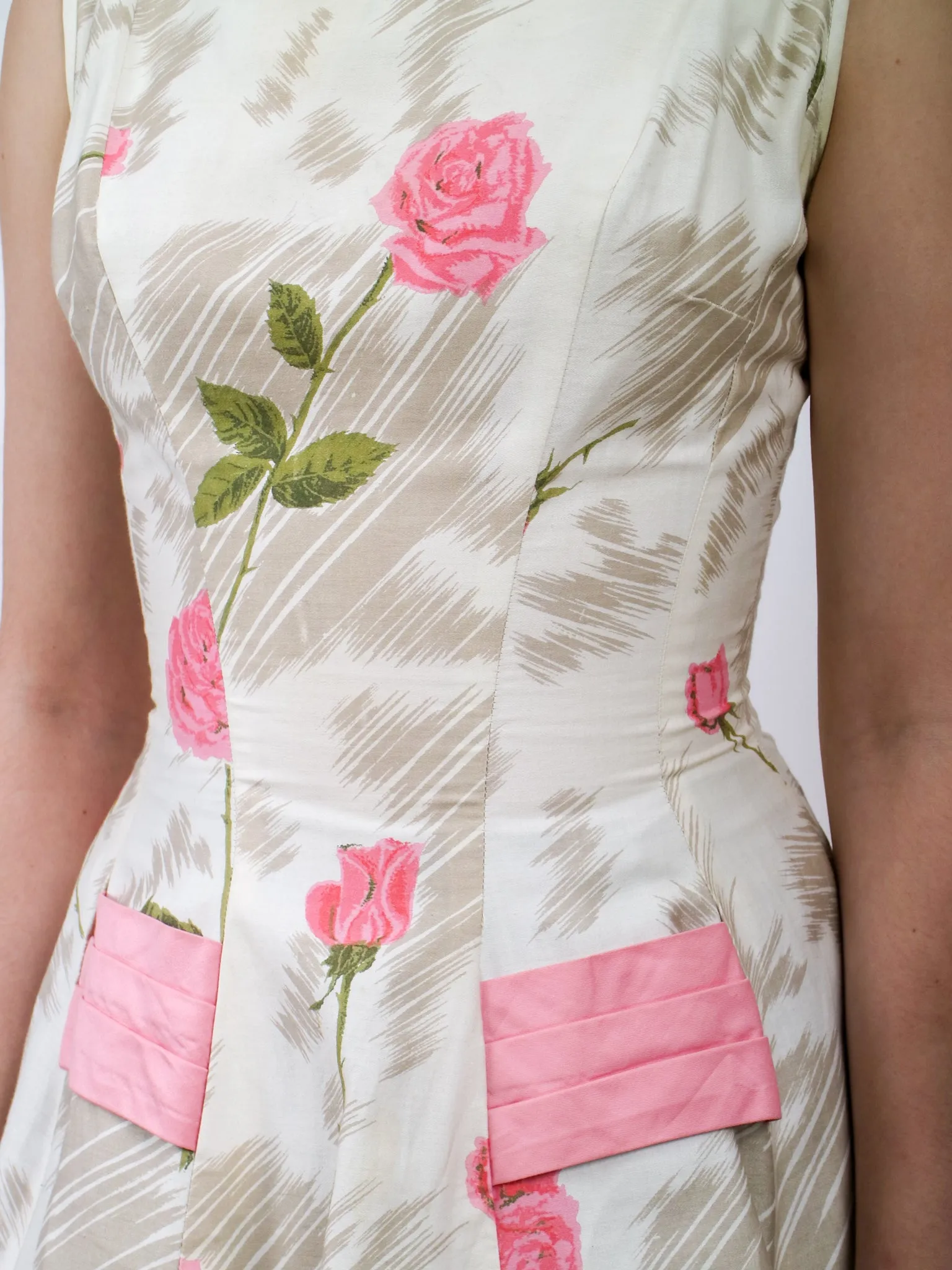 1950s Pink Rose Print Floral Cotton Party Dress With Huge Bow