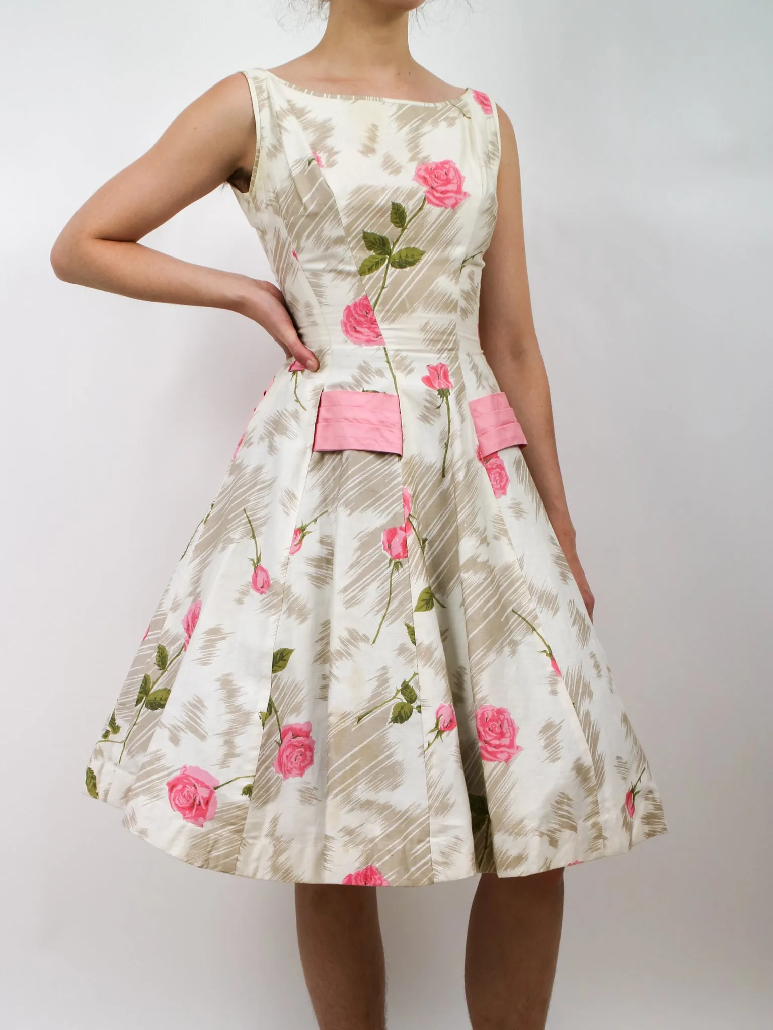 1950s Pink Rose Print Floral Cotton Party Dress With Huge Bow