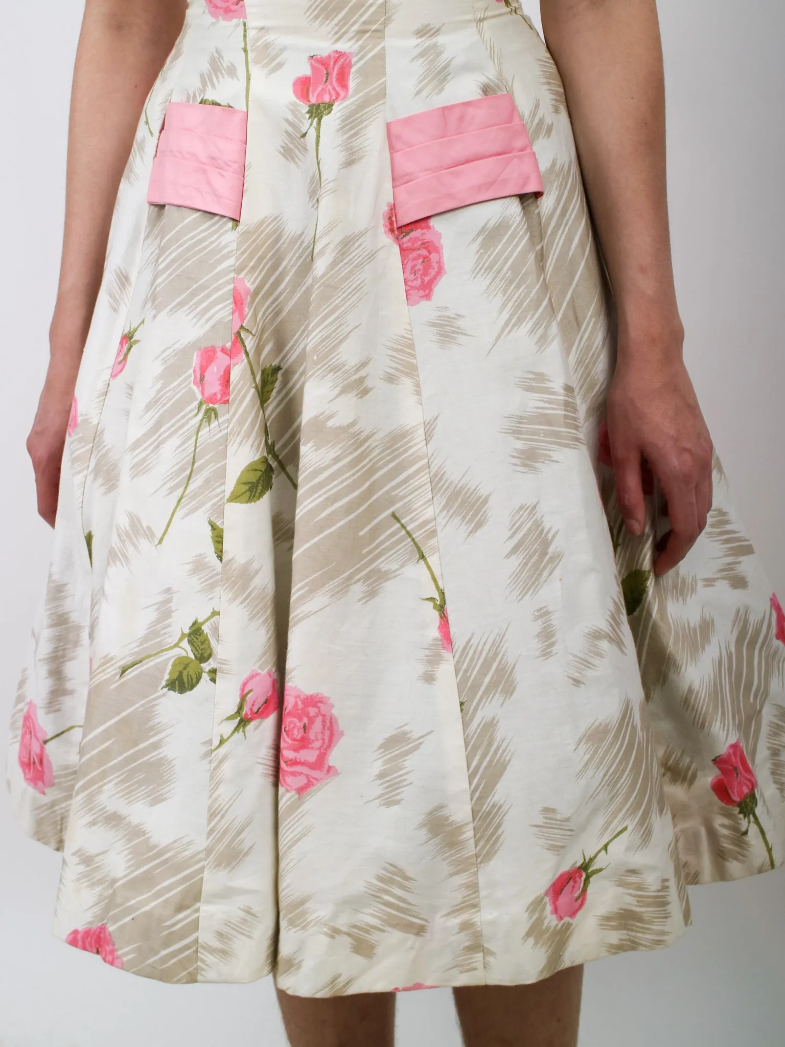 1950s Pink Rose Print Floral Cotton Party Dress With Huge Bow