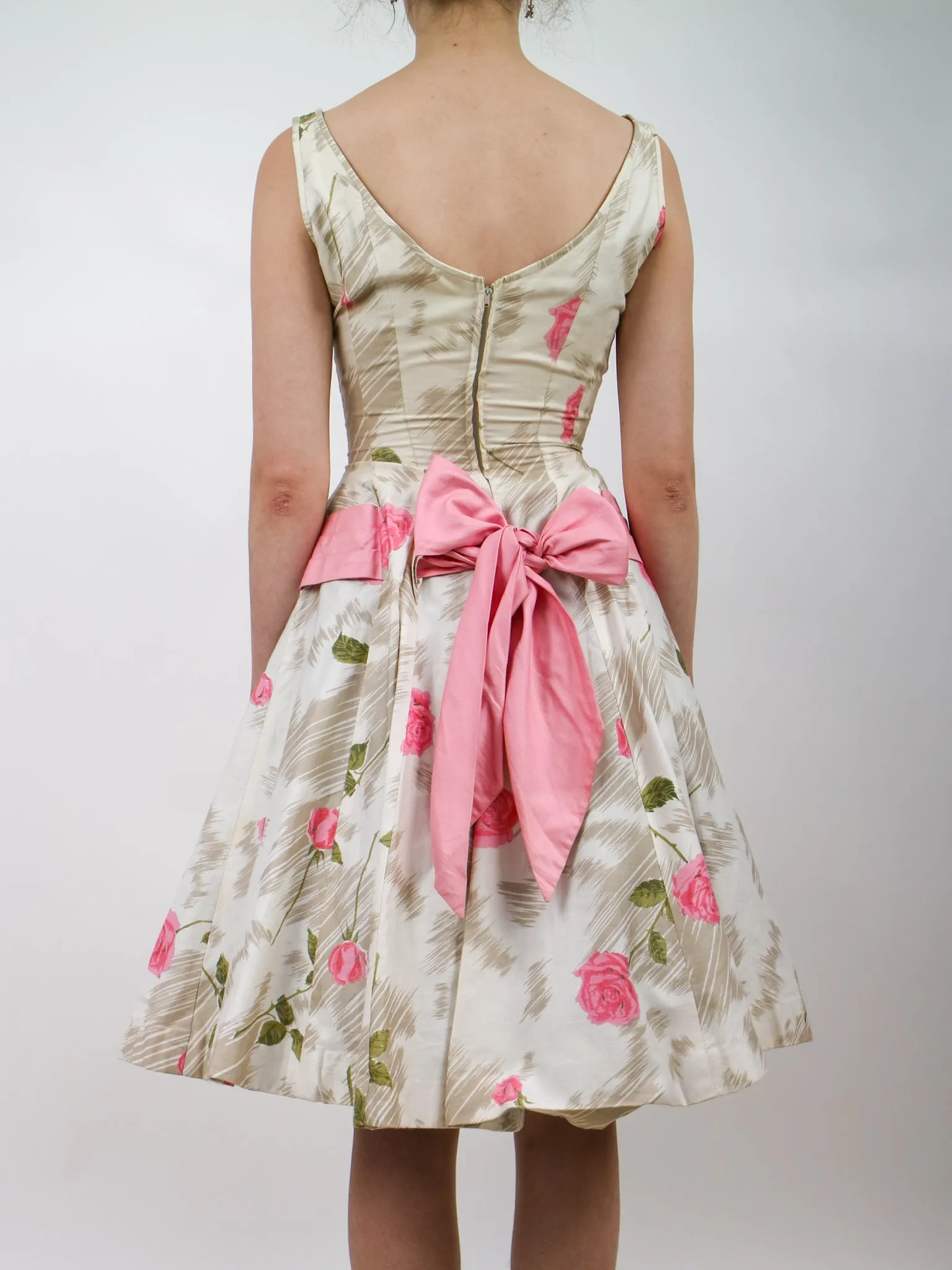 1950s Pink Rose Print Floral Cotton Party Dress With Huge Bow