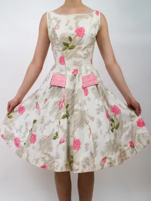 1950s Pink Rose Print Floral Cotton Party Dress With Huge Bow