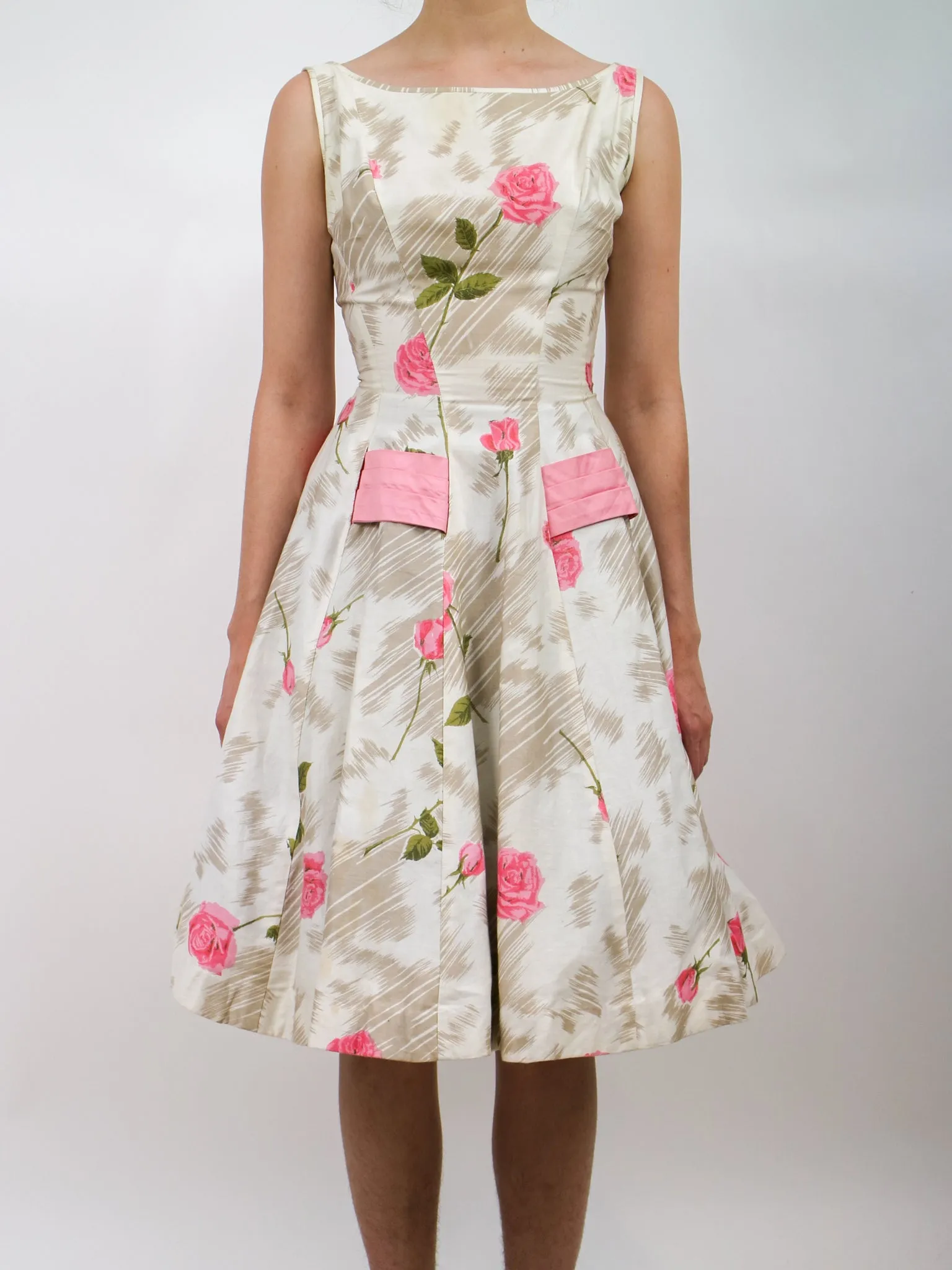 1950s Pink Rose Print Floral Cotton Party Dress With Huge Bow