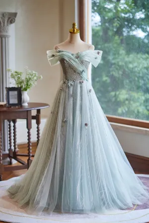 A-Line Off the Shoulder Tulle with Hand Made Flower Long Prom Dress