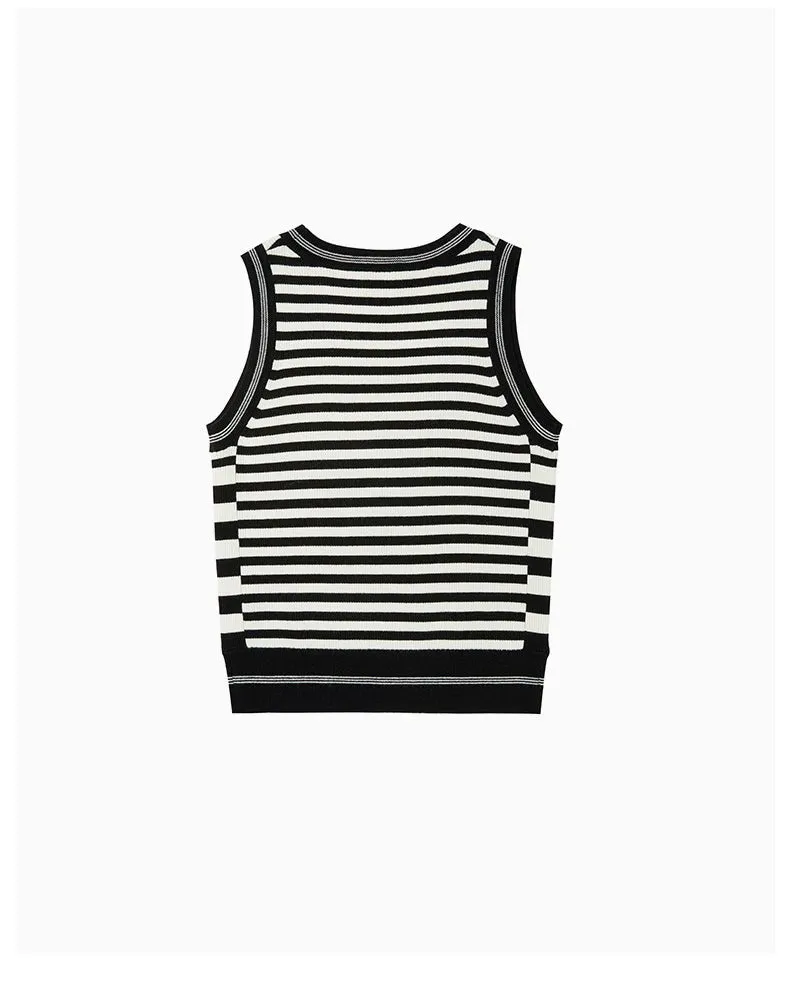 Black and White Striped Jacquard Knitted Tank Top