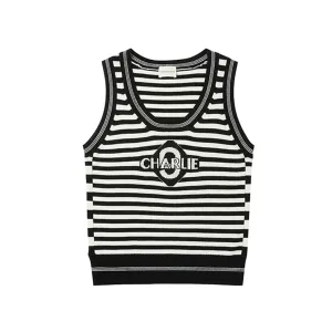 Black and White Striped Jacquard Knitted Tank Top