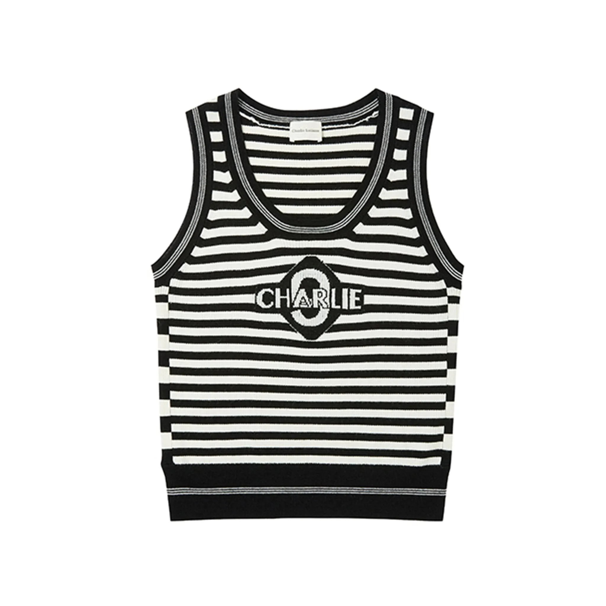 Black and White Striped Jacquard Knitted Tank Top