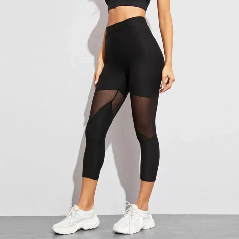 Black Fitness Legging Women Heart Workout Leggings Mesh Design