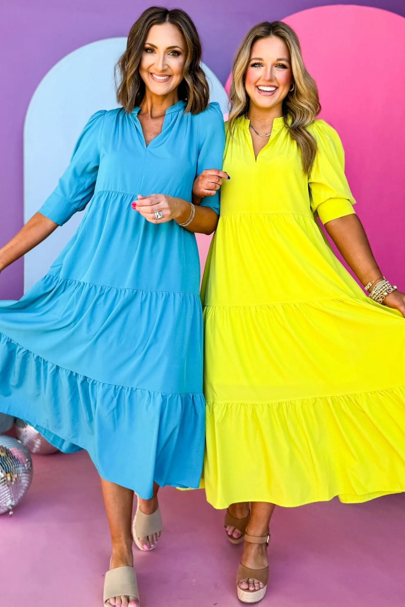 Bright Green Split Neck Three Quarter Sleeve Tiered Midi Dress