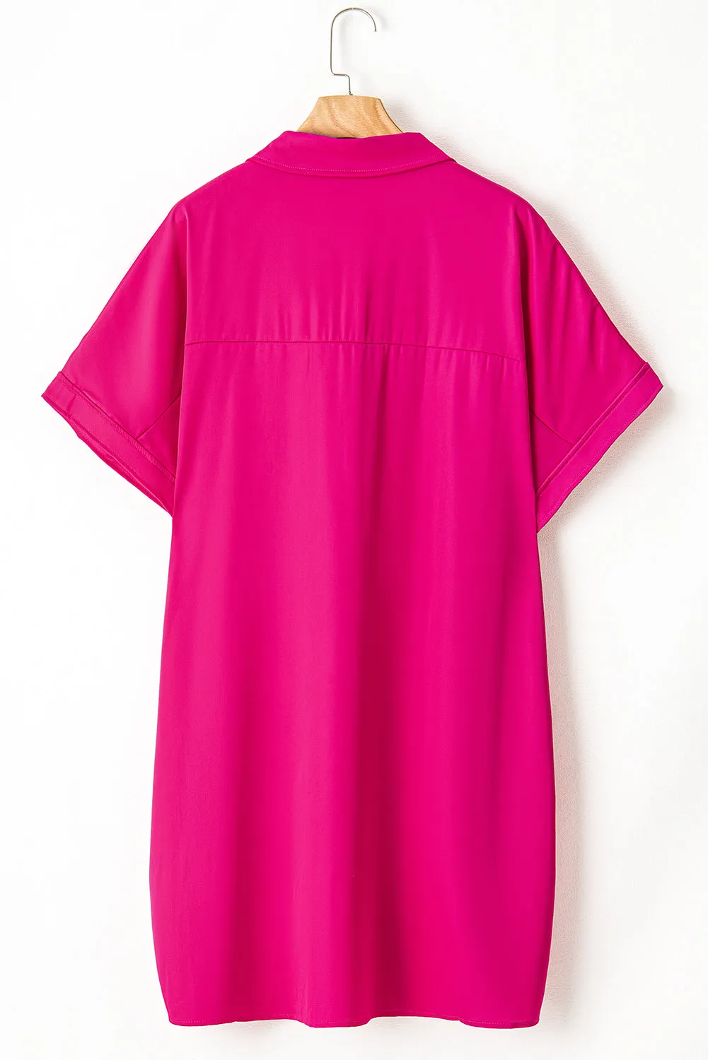 Bright Pink Collared V Neck Short Sleeve Shift Plus Size Dress