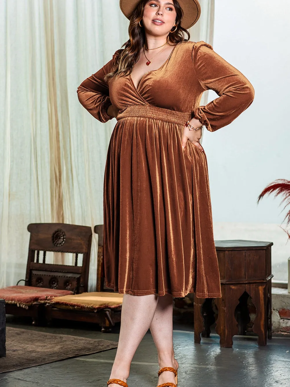 Camel Surplice V Neck Balloon Sleeve Velvet Dress