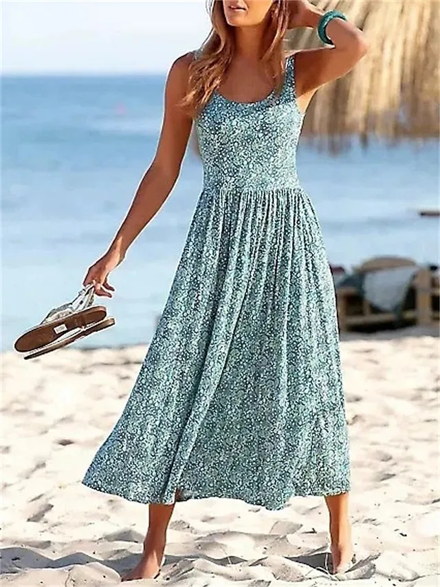 Casual Dress Sundress Floral Dress Ditsy Floral Ruched Print Strap Midi Dress Fashion Streetwear Street Daily Sleeveless Regular Fit Pink Purple Gold Summer Spring S M L XL XXL for Women