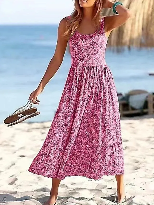 Casual Dress Sundress Floral Dress Ditsy Floral Ruched Print Strap Midi Dress Fashion Streetwear Street Daily Sleeveless Regular Fit Pink Purple Gold Summer Spring S M L XL XXL for Women