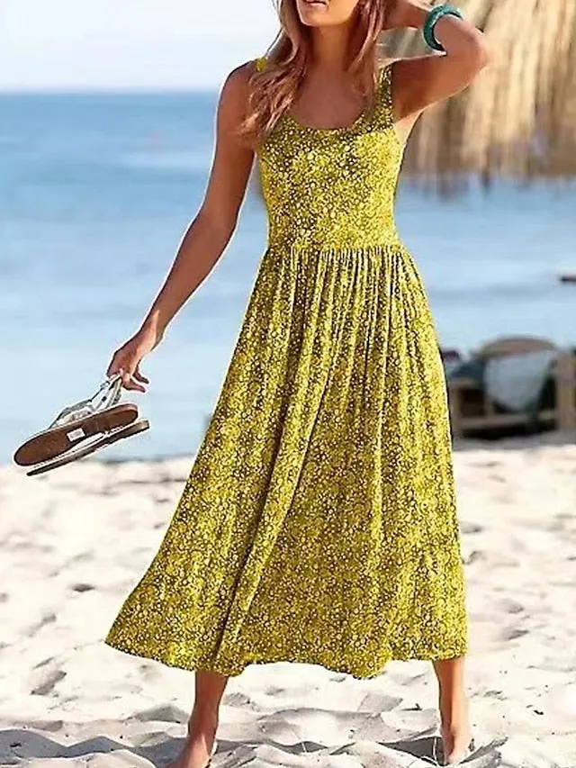 Casual Dress Sundress Floral Dress Ditsy Floral Ruched Print Strap Midi Dress Fashion Streetwear Street Daily Sleeveless Regular Fit Pink Purple Gold Summer Spring S M L XL XXL for Women