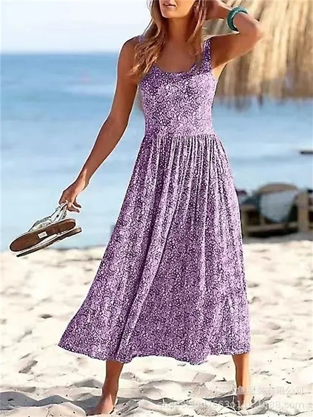 Casual Dress Sundress Floral Dress Ditsy Floral Ruched Print Strap Midi Dress Fashion Streetwear Street Daily Sleeveless Regular Fit Pink Purple Gold Summer Spring S M L XL XXL for Women