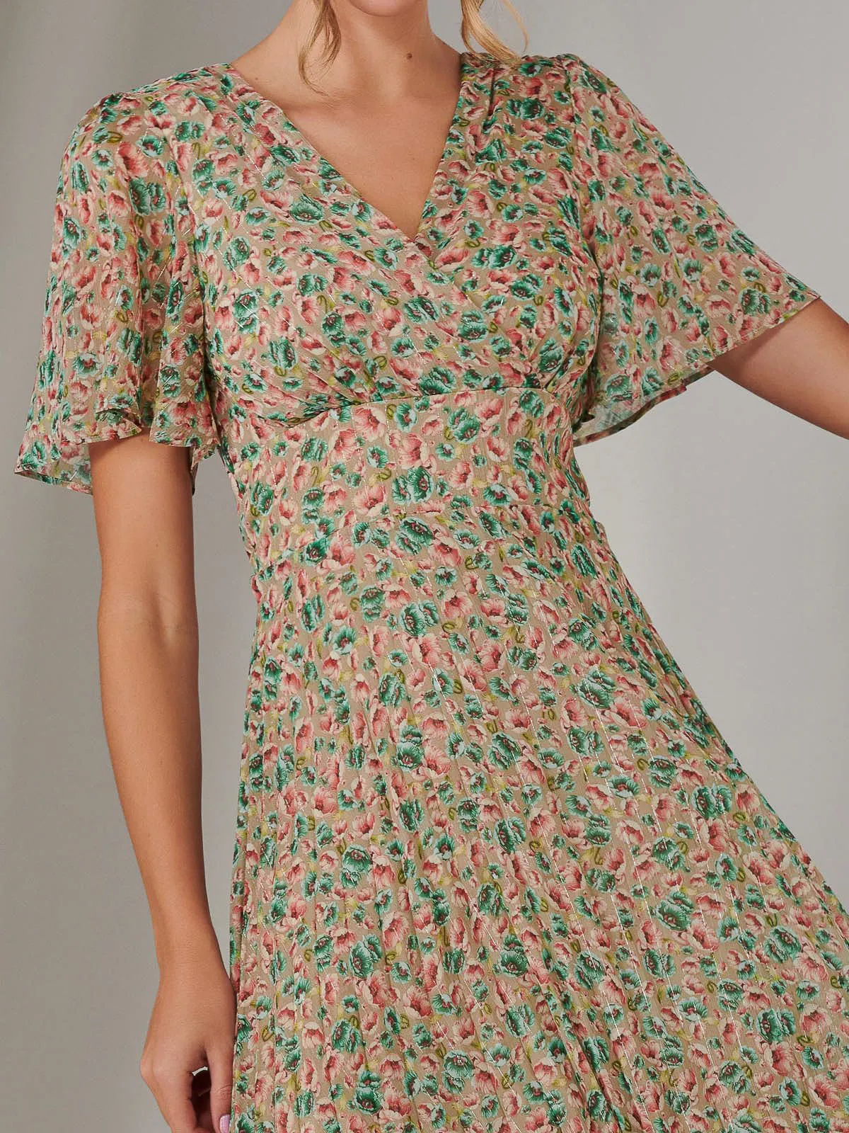 Charlotte Pleated Chiffon Midaxi Dress, Beige Multi