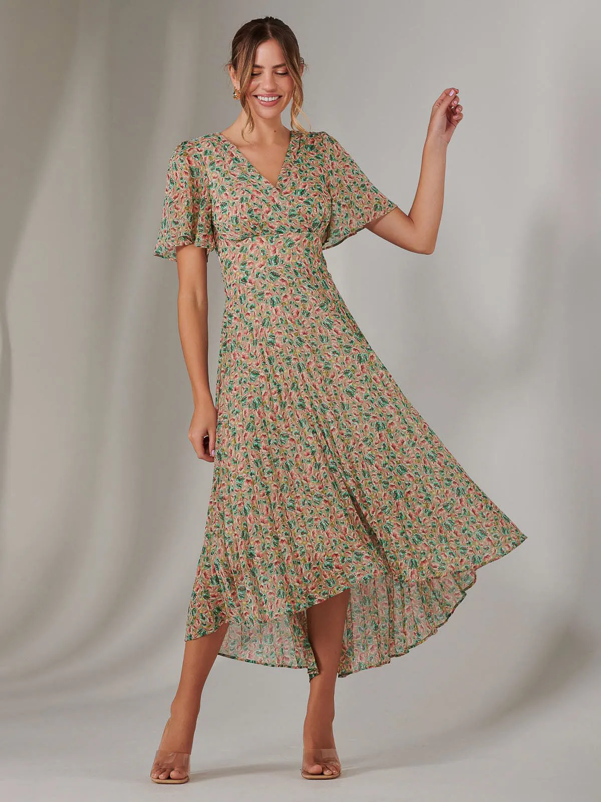 Charlotte Pleated Chiffon Midaxi Dress, Beige Multi