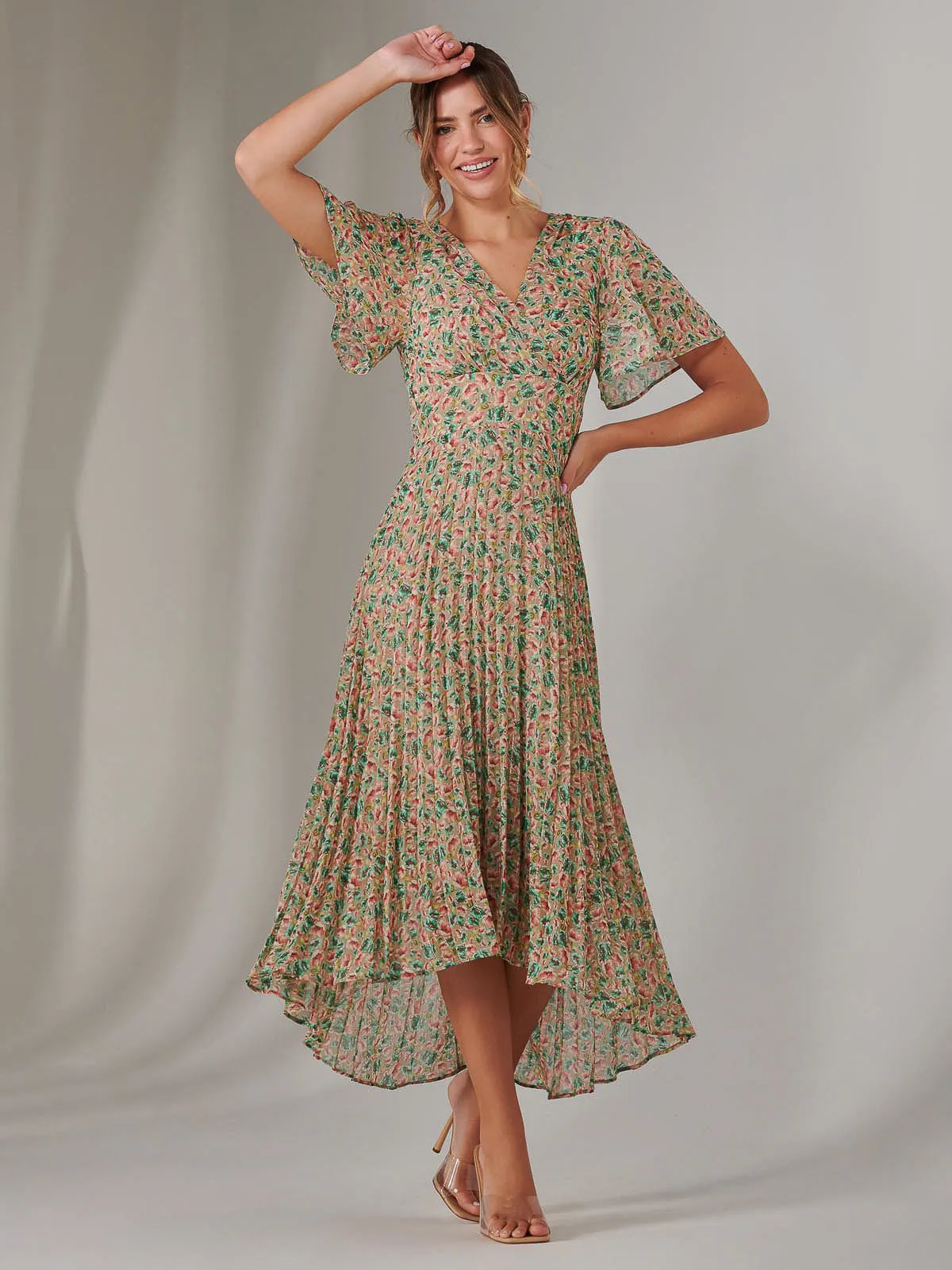 Charlotte Pleated Chiffon Midaxi Dress, Beige Multi
