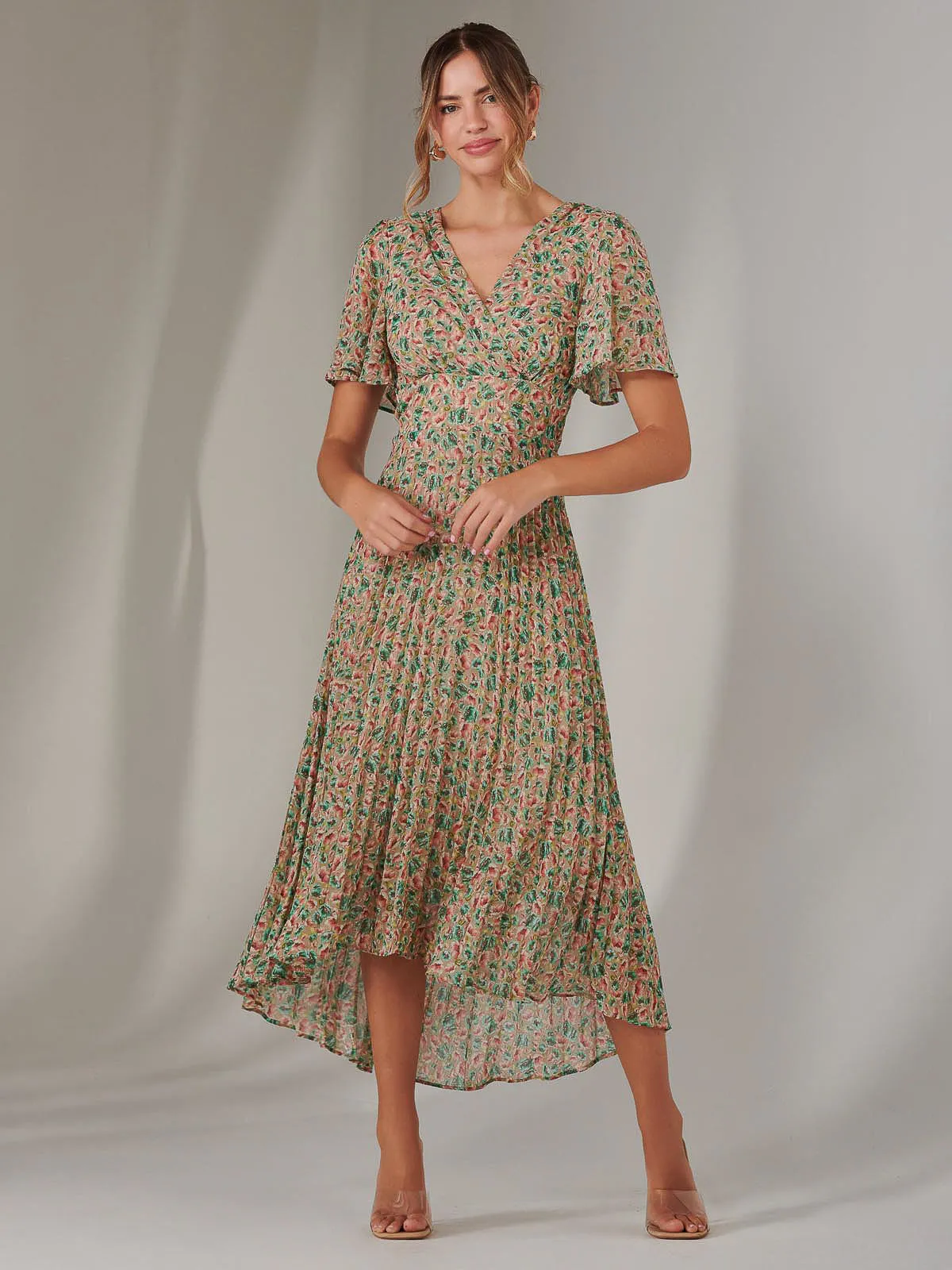 Charlotte Pleated Chiffon Midaxi Dress, Beige Multi