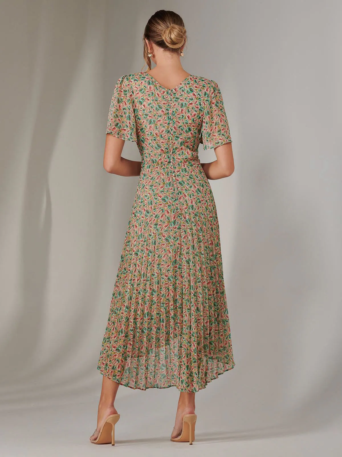 Charlotte Pleated Chiffon Midaxi Dress, Beige Multi