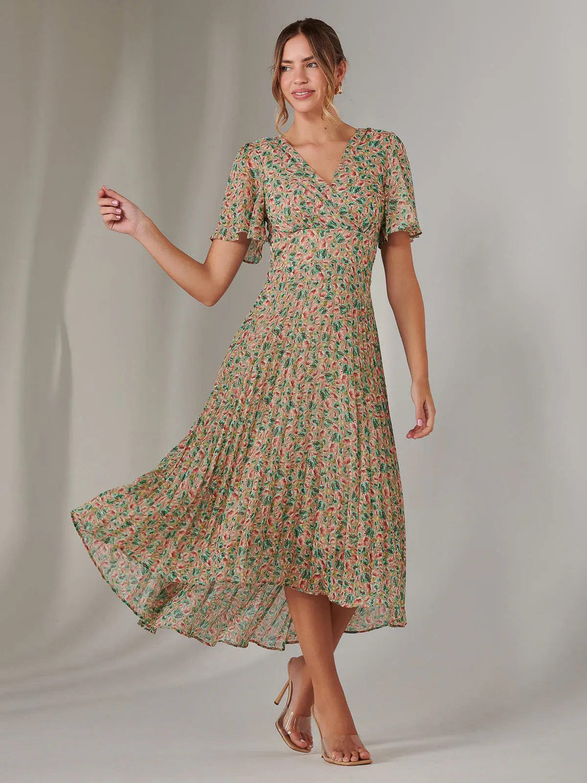 Charlotte Pleated Chiffon Midaxi Dress, Beige Multi