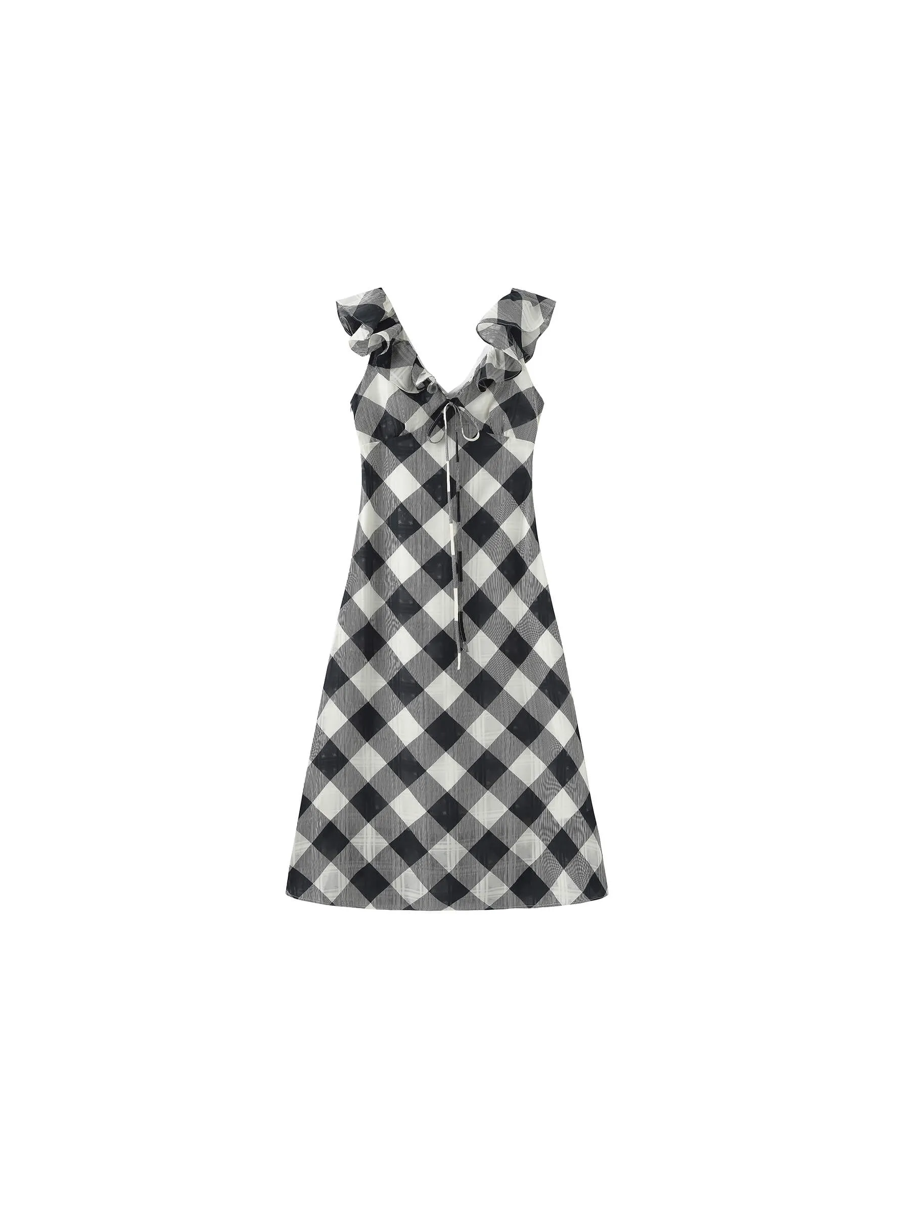 Checked V-neck Ruffled Sleeveless Dress