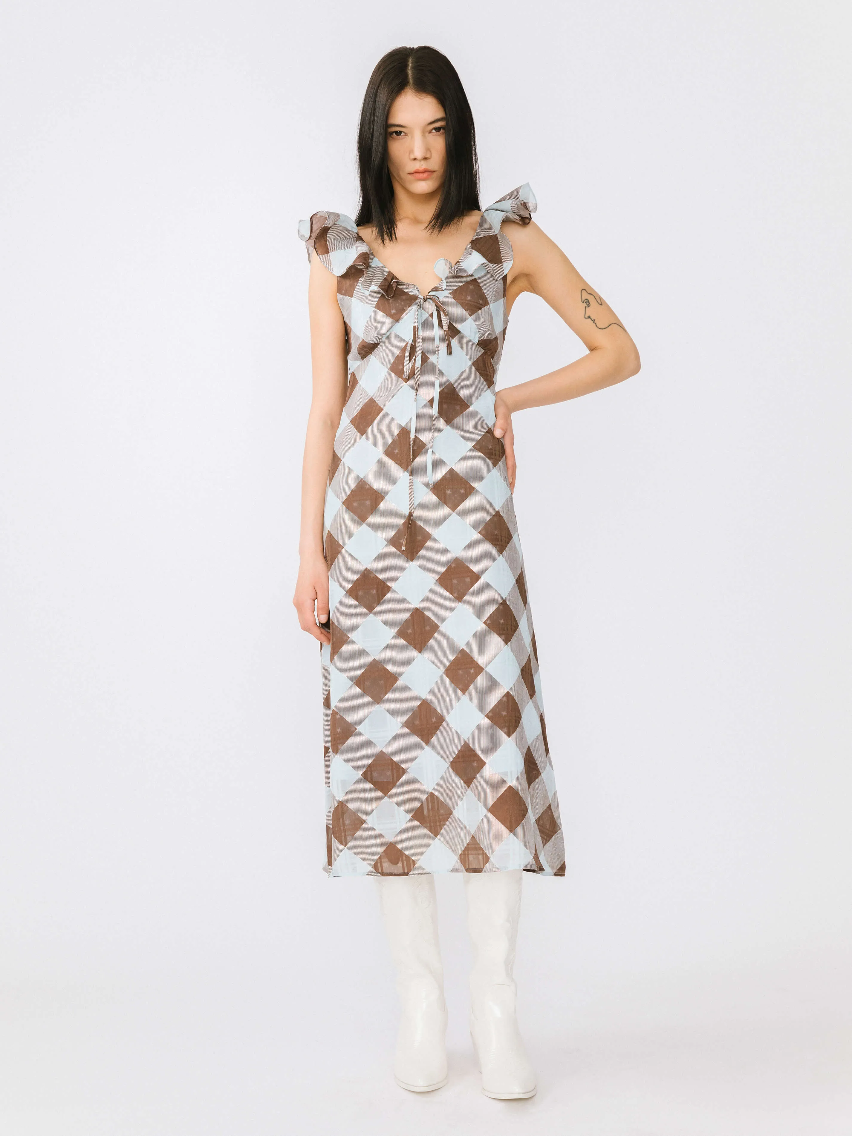 Checked V-neck Ruffled Sleeveless Dress