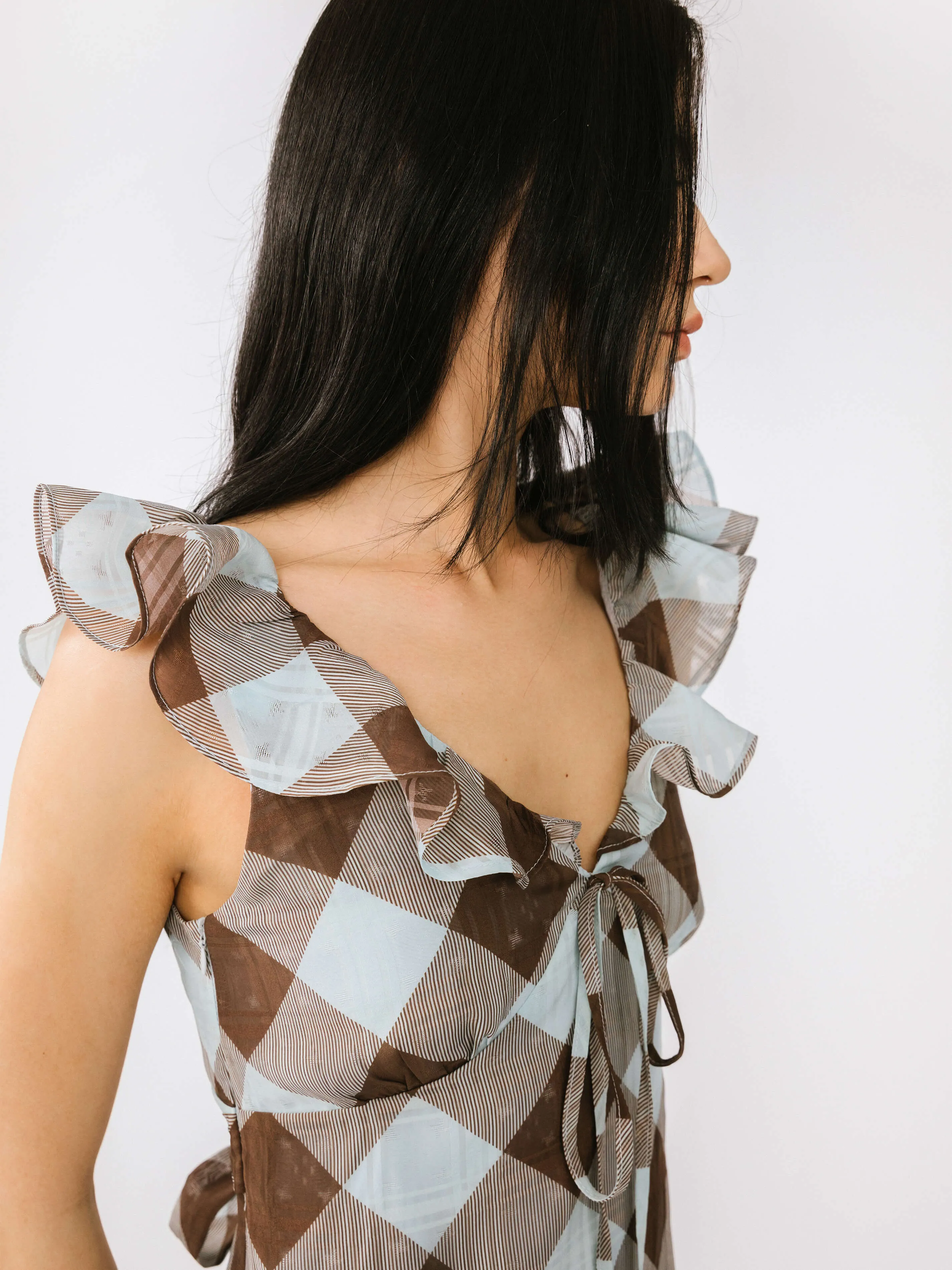 Checked V-neck Ruffled Sleeveless Dress