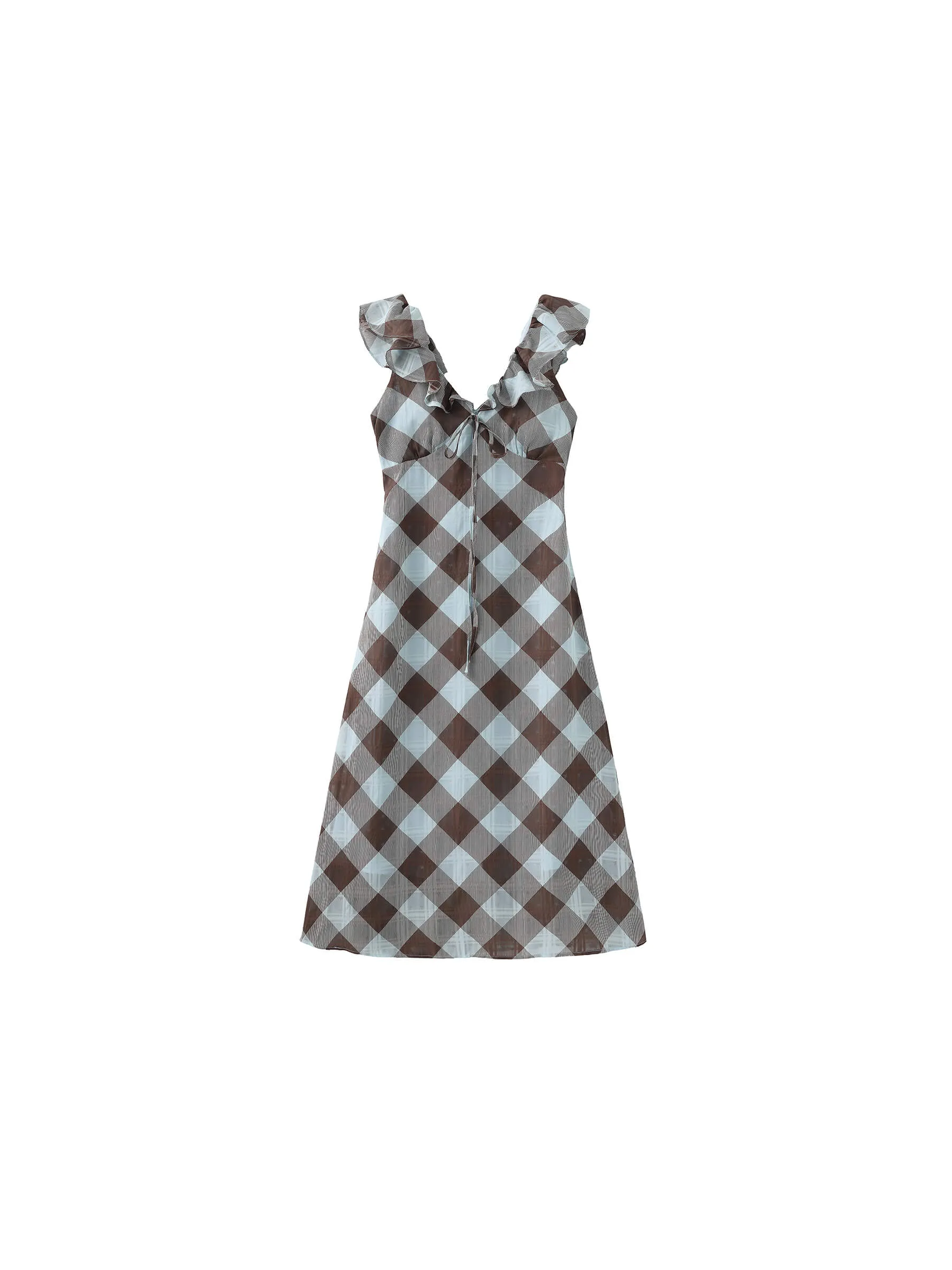 Checked V-neck Ruffled Sleeveless Dress