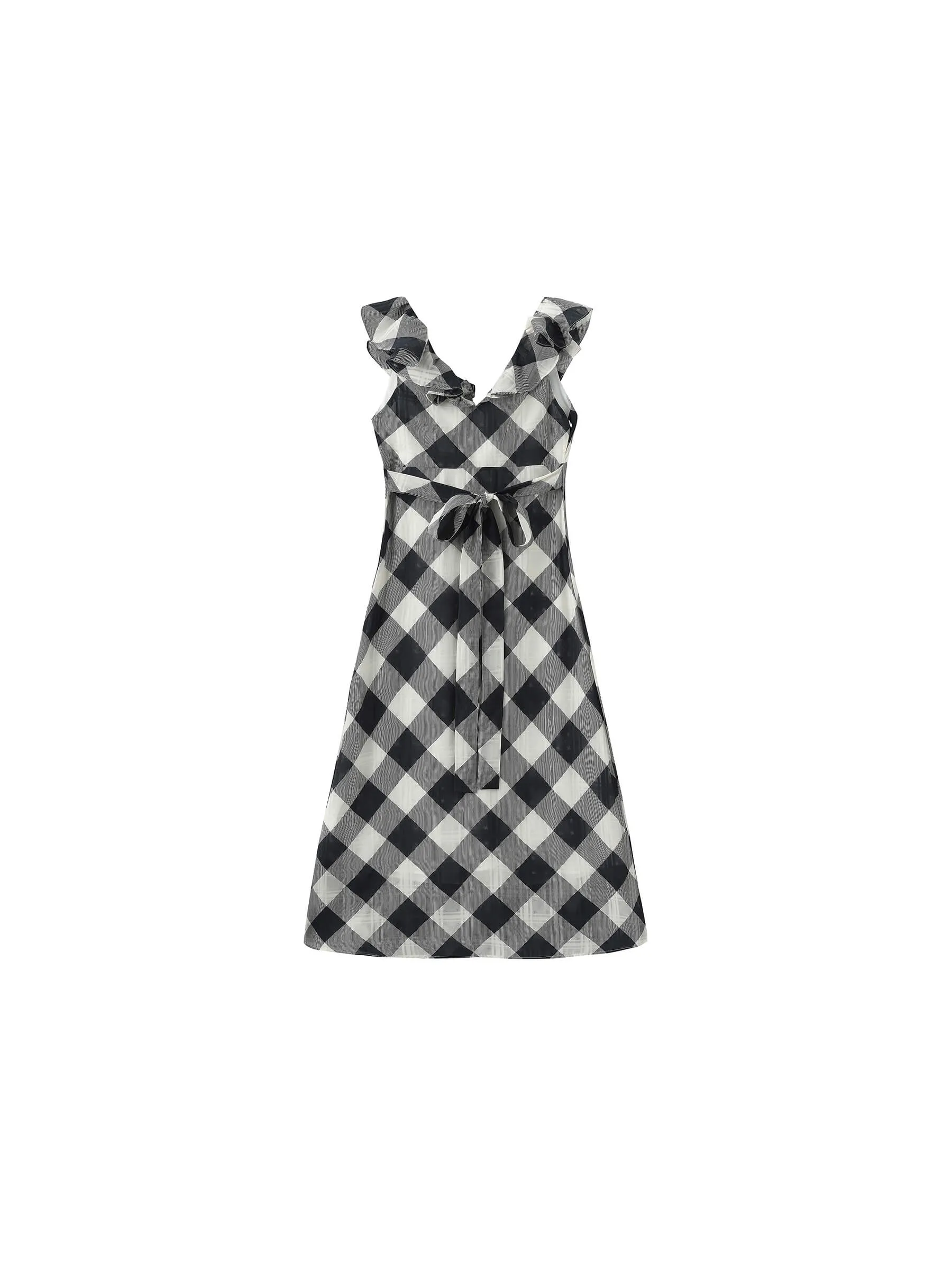 Checked V-neck Ruffled Sleeveless Dress
