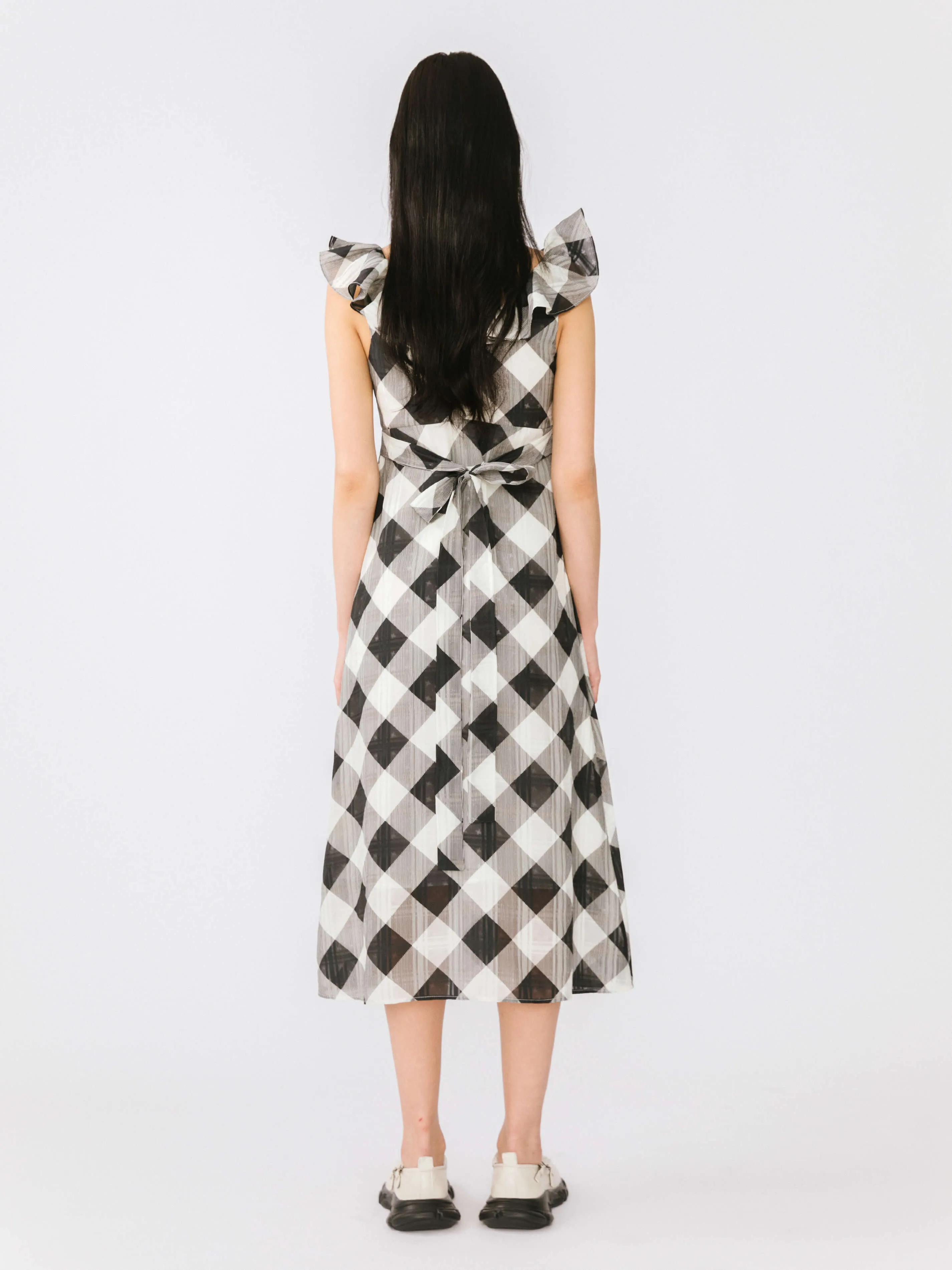 Checked V-neck Ruffled Sleeveless Dress