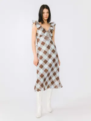 Checked V-neck Ruffled Sleeveless Dress