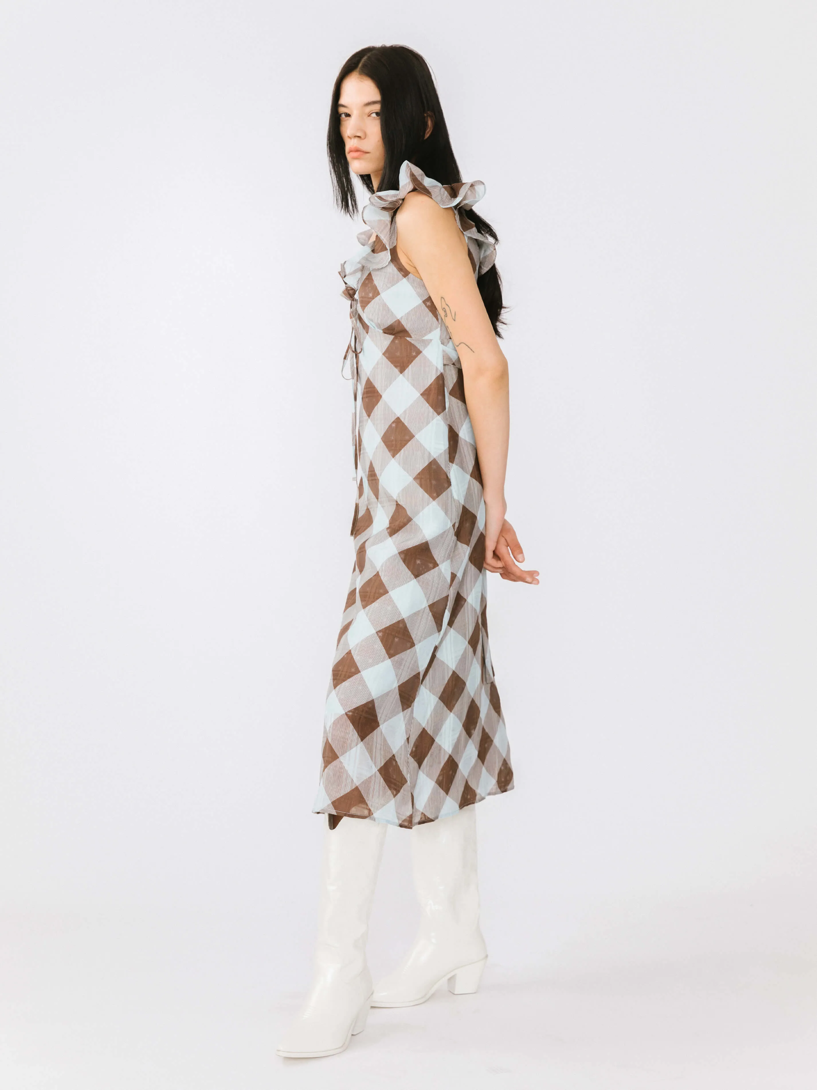 Checked V-neck Ruffled Sleeveless Dress
