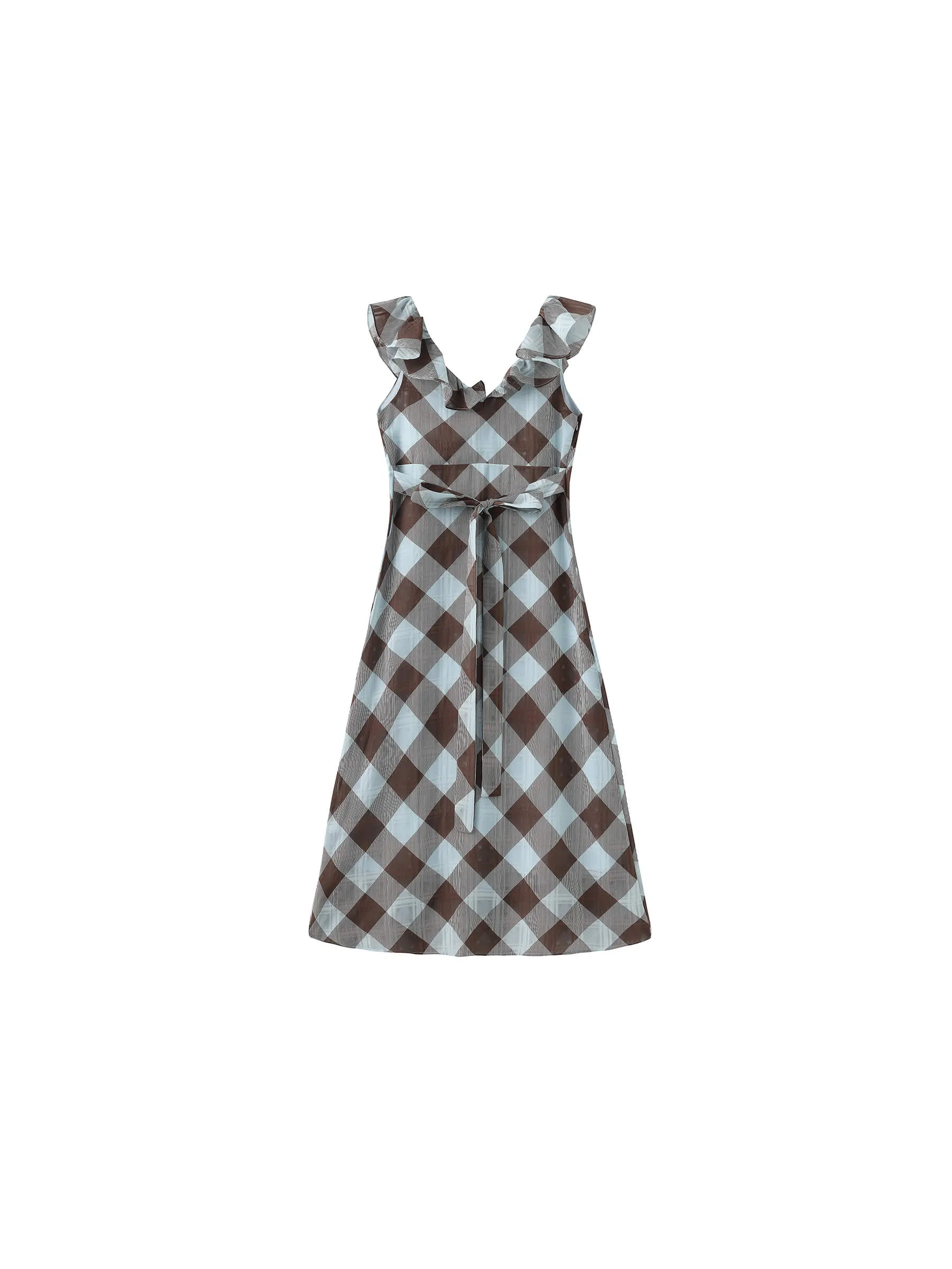 Checked V-neck Ruffled Sleeveless Dress