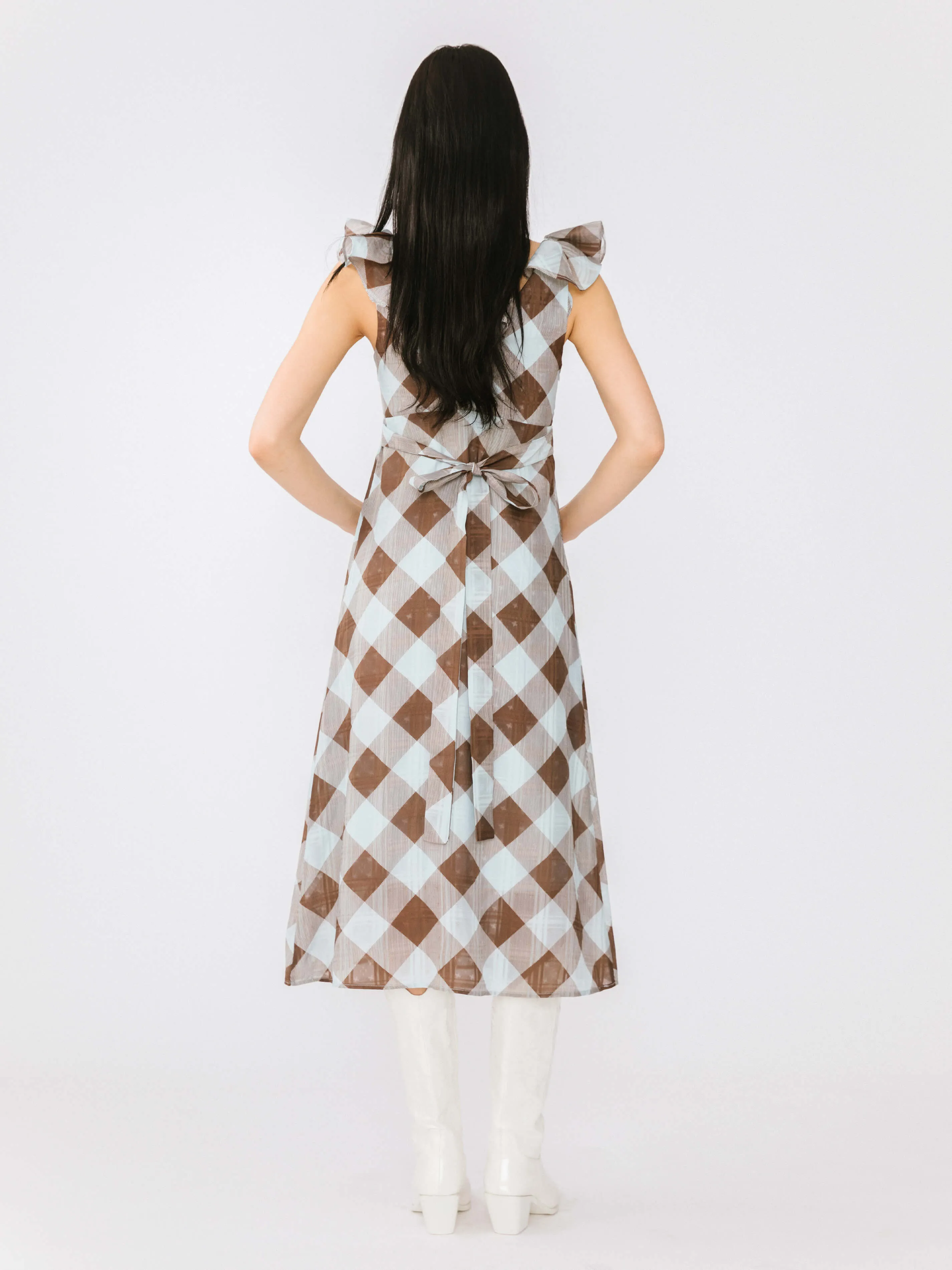 Checked V-neck Ruffled Sleeveless Dress
