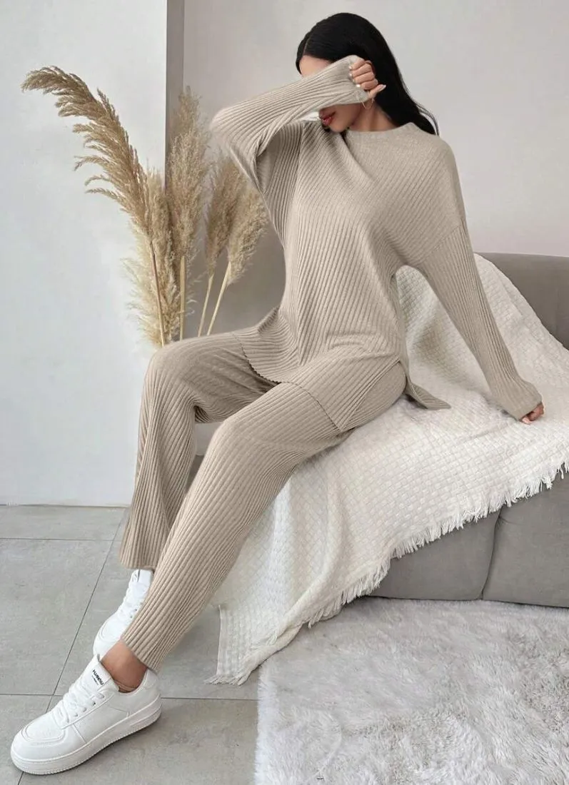 Cotton Beige Ribbed Co-Ord Set