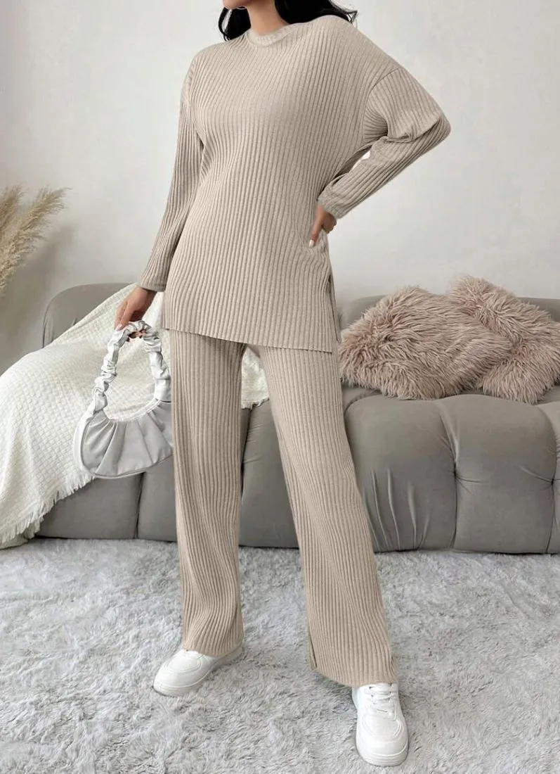 Cotton Beige Ribbed Co-Ord Set
