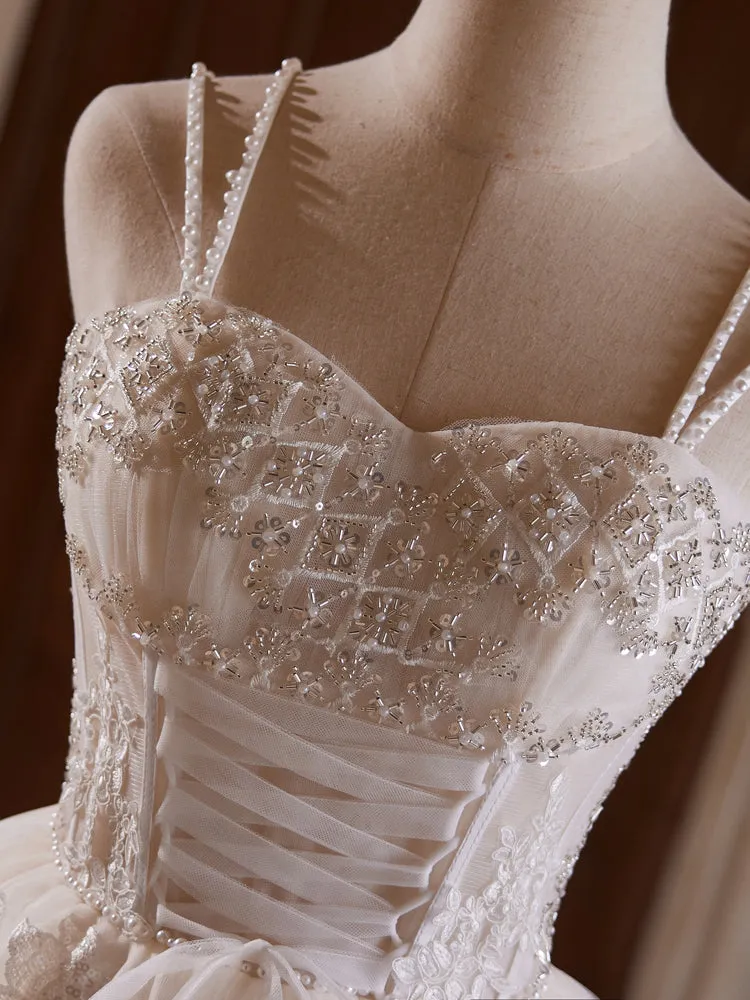 Cute Spaghetti Straps Beading Tulle Homecoming Dresses with Pearls