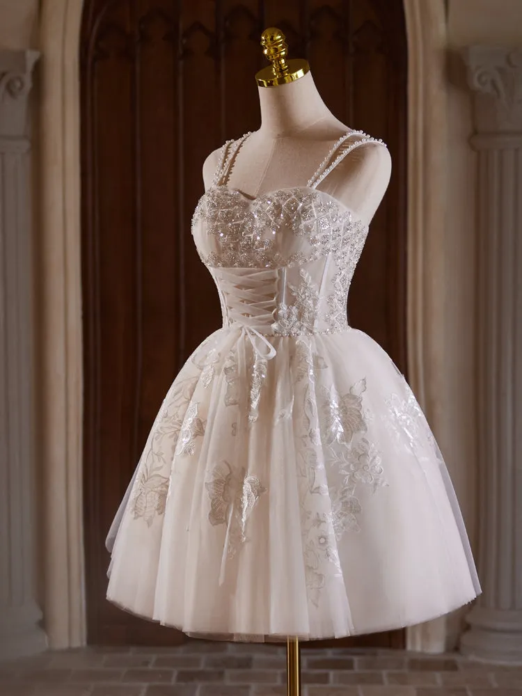 Cute Spaghetti Straps Beading Tulle Homecoming Dresses with Pearls
