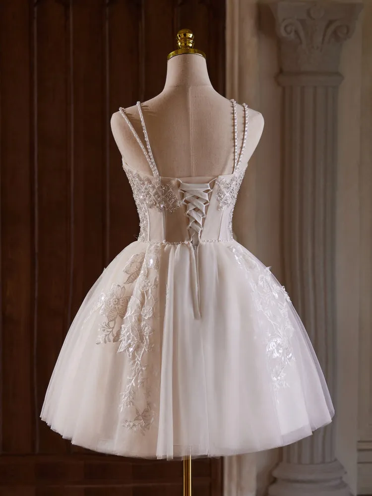Cute Spaghetti Straps Beading Tulle Homecoming Dresses with Pearls