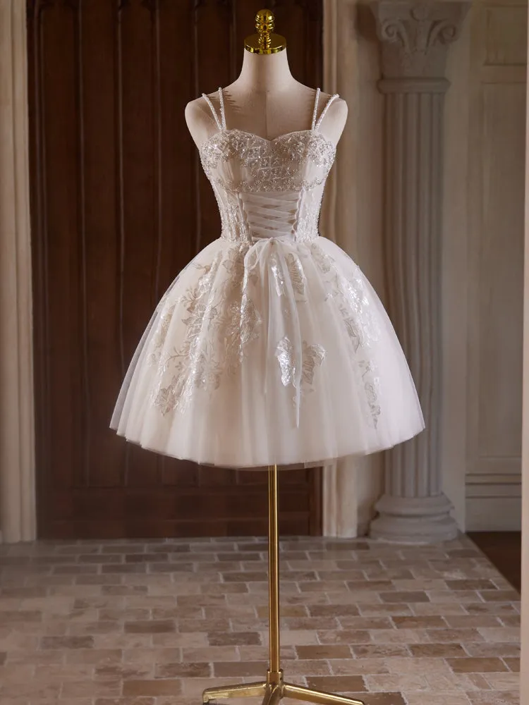 Cute Spaghetti Straps Beading Tulle Homecoming Dresses with Pearls