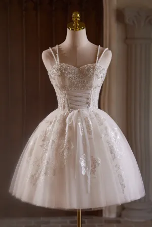 Cute Spaghetti Straps Beading Tulle Homecoming Dresses with Pearls
