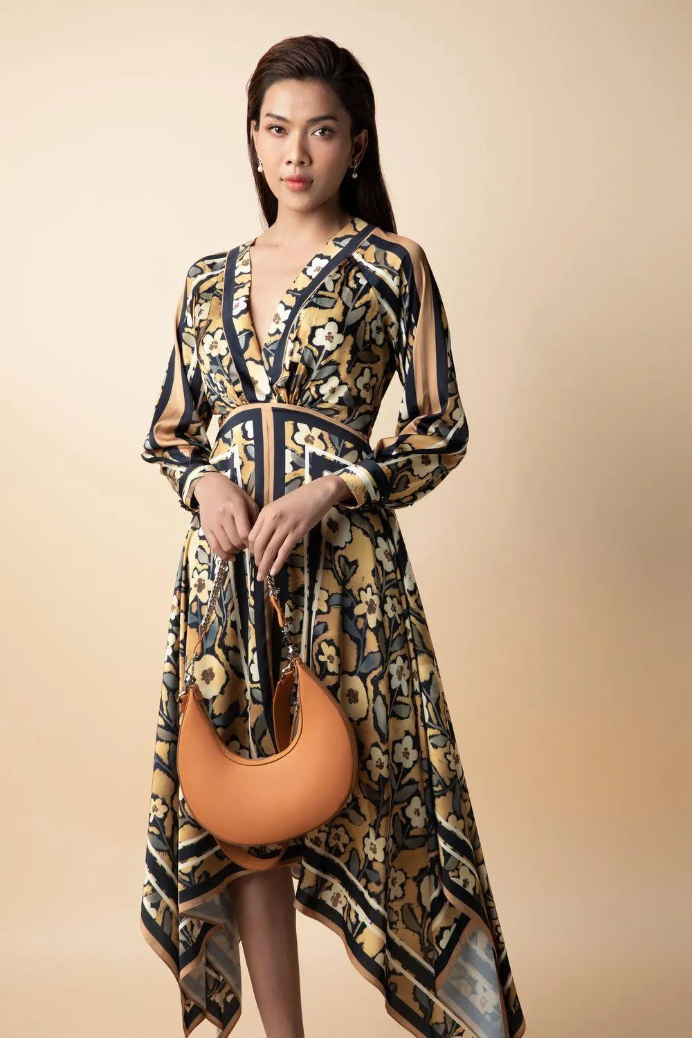 Esra Asymmetric V-Neck Latin Silk Midi Dress