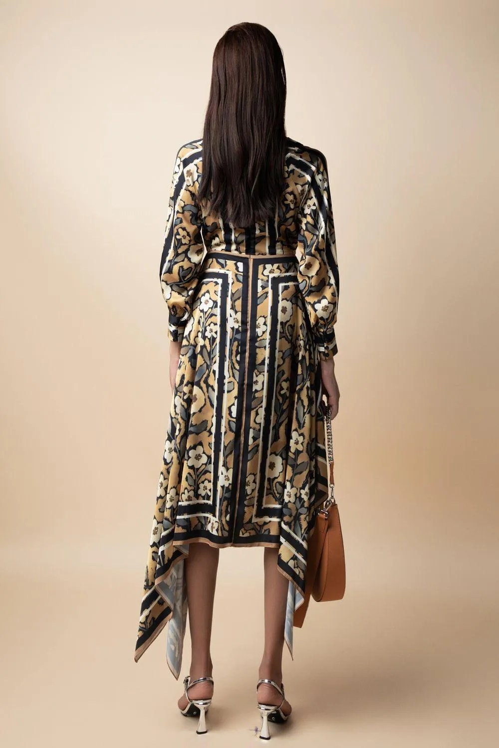 Esra Asymmetric V-Neck Latin Silk Midi Dress