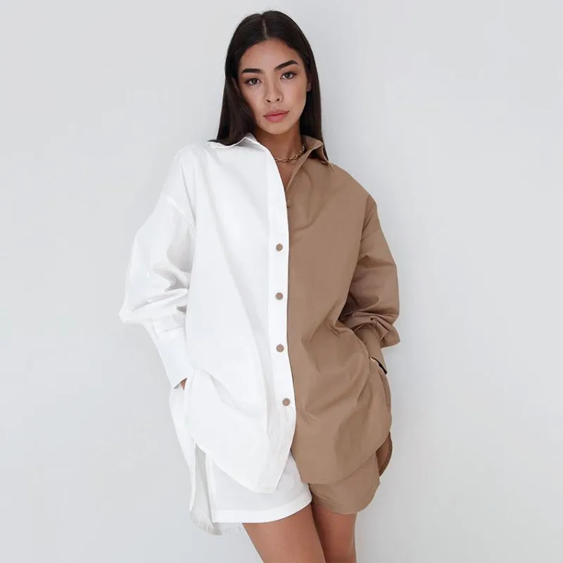 European And American Style Contrast Color Long Sleeved Shirt Shorts Two Piece Cotton Linen Casual Fashion Suit
