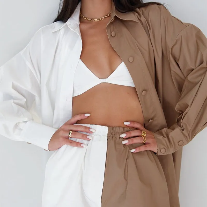 European And American Style Contrast Color Long Sleeved Shirt Shorts Two Piece Cotton Linen Casual Fashion Suit